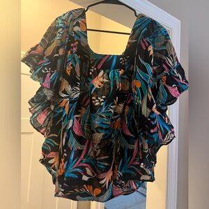 Terra & Sky Black Floral Ruffle Blouse with Teal, Pink & Orange Accents